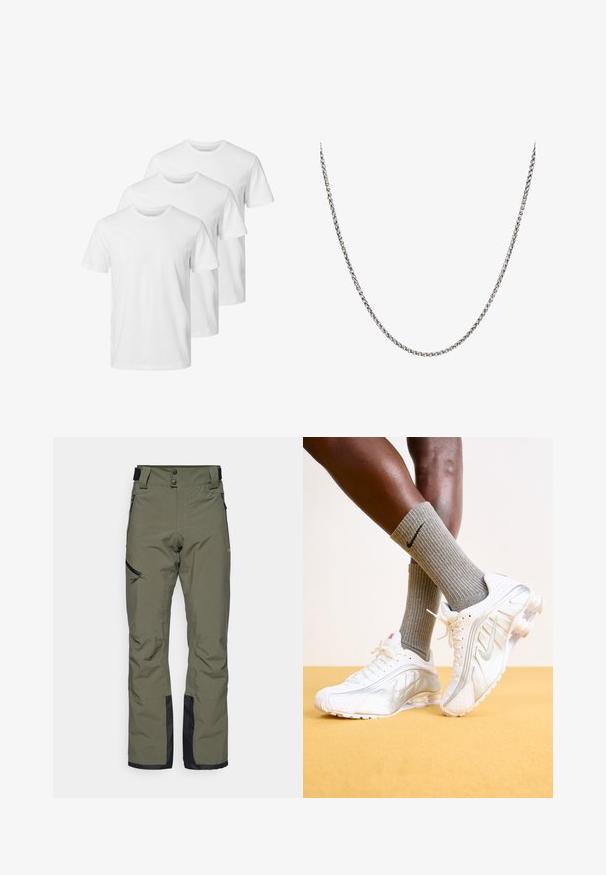 Camisetas de algodón blancas en un diseño de cuello redondo, con mangas cortas y un ajuste estándar. Tres camisetas están dispuestas en fila.; Pantalones de esquí verde oliva fabricados con material impermeable, que cuentan con un cierre de doble botón, bolsillos con cremallera en los laterales y acentos negros en la parte inferior de las piernas.; Zapatillas Nike en blanco con detalles plateados, con paneles texturizados y perforaciones. Combinadas con calcetines grises acanalados, sobre un fondo amarillo.; Collar de cadena metálica plateada con eslabones entrelazados y un acabado suave, creando un diseño clásico y duradero.