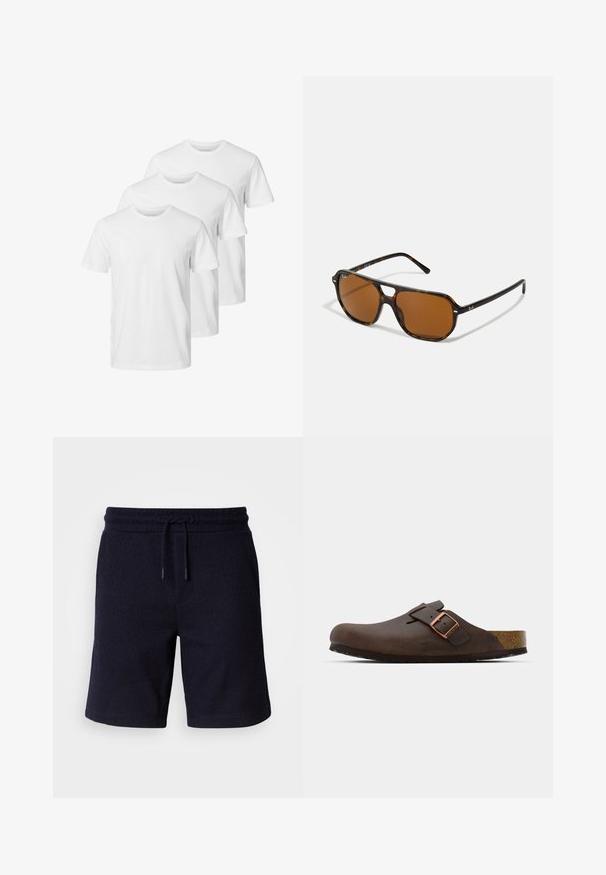 Witte katoenen T-shirts in een ronde halsontwerp, met korte mouwen en een standaard pasvorm. Drie shirts zijn in een rij gerangschikt.; Marineblauwe shorts met een elastische tailleband en trekkoord. Textuurstof met een gladde afwerking, voorzien van zijnaden.; Bruine leren klomp met een brede band en een koperen gesp, voorzien van een gestructureerde kurken voetbed en een dikke zwarte rubberen zool.; schildpadbril met bruine lenzen, rechthoekige vorm en metalen accenten op het montuur. Strak ontwerp met dunne armen.; Zwarte sporttas met dikke handvatten en een afneembare schouderband. Gemaakt van een gladde stof, met een ritssluiting en een minimalistisch ontwerp.