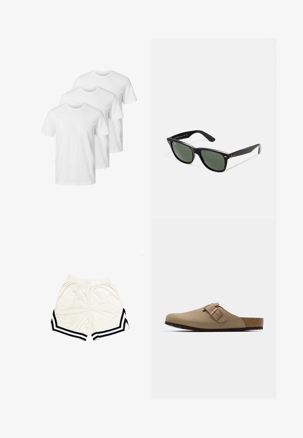 Hvide bomulds-T-shirts i en rundhalsedesign med korte ærmer og standard pasform. Tre skjorter er arrangeret i en række.; Hvide atletiske shorts lavet af letvægtsstof, med sorte sideliner og et kontrasterende chevronmønster nær sømmen. Elastisk talje.; Beige klipklapper med rund tå, justerbar spænde og korksål. Tekstureret overflade med en sort gummisål for godt greb.; Sorte plastiksolkaber med grønne linser, firkantede stel, sølvaccent på brynene og teksturerede templede arme. Angivet mærke på den indre arm.