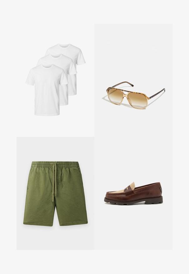 Hvite bomulls T-skjorter med rund halsdesign, som har korte ermer og standard passform. Tre skjorter er arrangert på rad.; Kaki grønne shorts lavet af blødt bomuld, med en elastisk talje og snor samt sidelommer. Glat tekstur, afslappet design.; Brune lærloafers med en taupe canvas-accent, syet detalj og en teksturert gummisåle designet for komfort og holdbarhet.; Skilpadde mønster solbriller med rektangulær ramme, brune gradient linser og slanke svarte stenger med diskrete logo detaljer.