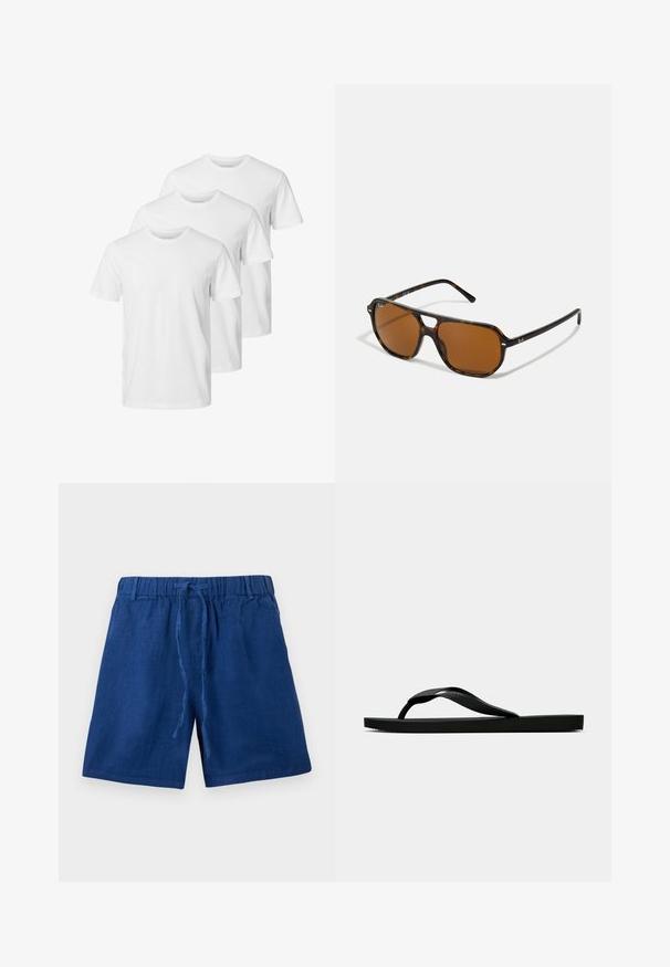 Hvite bomulls T-skjorter med rund halsdesign, som har korte ermer og standard passform. Tre skjorter er arrangert på rad.; Blå fritidsshorts med elastisk linning og snor, laget av lett materiale.; Svarte gummiflip-flopsandaler med en teksturert stropp og enkel flat såle, vist fra siden på en enkel lys bakgrunn.; Skilpaddeskallet solbriller med brune linser, rektangulær form og metalldetaljer på rammen. Slank design med tynne armer.