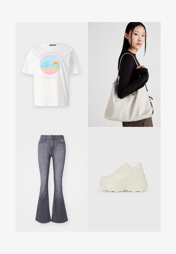 Valkoinen lyhythihainen t-paita, jossa on graafinen kuvasto, joka esittää aaltoja, auringonlaskua ja tekstiä "COASTAL WAVES 97 SURF CLUB CA" vaaleanpunaisena ja sinisenä.; Lee BREESE - Flared-farkut - grey denim; Valkoiset tasapohjakengät, joissa on sileä nahkamainen päällinen, pyöristetty muoto, pehmustettu nilkkaosa ja texturoitu kumipohja, jossa on hyvin määritellyt urat.; Beige laukku, joka on valmistettu pehmeästä materiaalista, ja siinä on rento muotoilu, ommeltu yksityiskohtia ja kaksi olkahihnaa. Sopii päivittäiseen käyttöön.