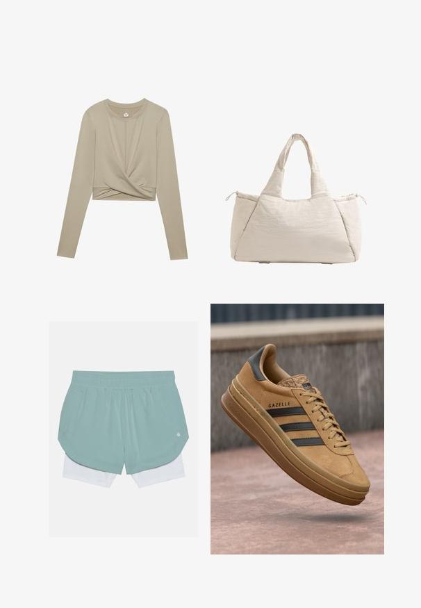 Svetlo bež dolg rokav, kratek top z zasukano sprednjo zasnovo, izdelan iz gladkega materiala. Ima okroglo ovratnico in prilegajoče rokave.; Svetlo zelene športne kratke hlače z elastičnim pasom, ki imajo večplastno obliko in belo notranjo oblogo. Vsebujejo stranske žepe za shranjevanje.; Svetlo rjave semiš teniske z gladko teksturo, ki imajo tri temne črte, zaobljen nos in debelejši podplat s vzorčastim robom.; Bežna kvačena torba s dvema ročajema, zaobljena oblika, teksturirana tkanina in žep na vrvico na strani. Gladka površina, minimalisticni dizajn.