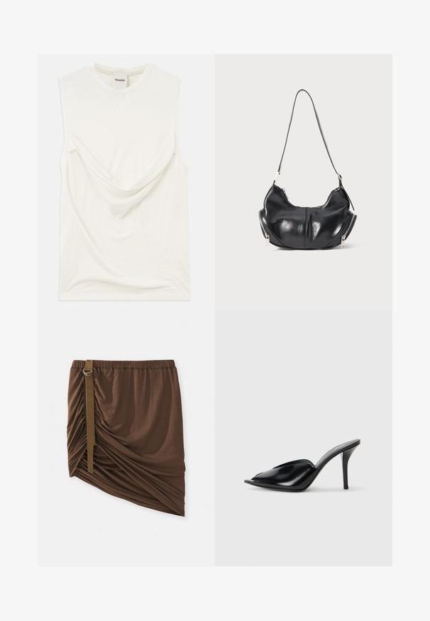 Top alb fără mâneci, cu un detaliu drapat în față, realizat dintr-un material moale și ușor. Prezintă un guler rotund și o croială lejeră.; Fustă maro până la genunchi dintr-un material moale și ușor; prezintă detalii franzelate și o curea pe lateral cu un accent din metal.; Mule-uri negre din piele cu toc înalt, cu vârf deschis, design ascuțit, textură fină și toc subțire stiletto.; Geantă de umăr din piele neagră, în formă de semilună, cu fermoare argintii pe ambele părți și o singură curea.