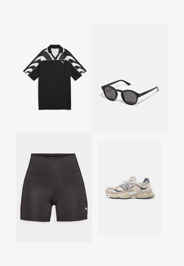 Tricou sport negru cu decolteu în V, mâneci scurte și modele albe în formă de valuri în partea de sus. Prezintă un mic logo alb în față.; Shorts de sport negri, fabricati dintr-un material neted si elastic. Design cu talie inalta, cusaturi plate si un mic logo alb Puma pe lateral.; Adidași roz deschis și bej, realizați dintr-un amestec de material textil și suede. Prezintă un logo alb, suprapunerile texturate și o talpă moale. Formă rotundă.; Ochelari de soare negri cu un cadru rotund, ușor ondulat, lentile întunecate și brațe negre drepte. Finisaj neted, lucios, fără modele vizibile.