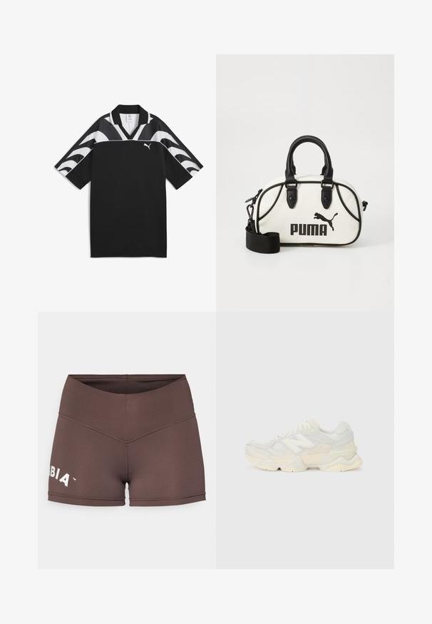 Zwart sportshirt met een V-halsontwerp, korte mouwen en witte golfpatronen op het bovenste deel. Bevat een klein wit logo aan de voorkant.; Bruine sportshorts met een hoge tailleband, rekbare stof en een wit logo aan de linkerkant. Glad textuur en aansluitend ontwerp.; Lichte sneaker met een bovenwerk van mesh en suede in zachte crèmekleuren, met een chunky zool en driedimensionale accenten.; Witte handtas met zwarte accenten, met een Puma-logo. Korte, ronde handvatten en een afneembare schouderband, gemaakt van textuursynthetisch materiaal.