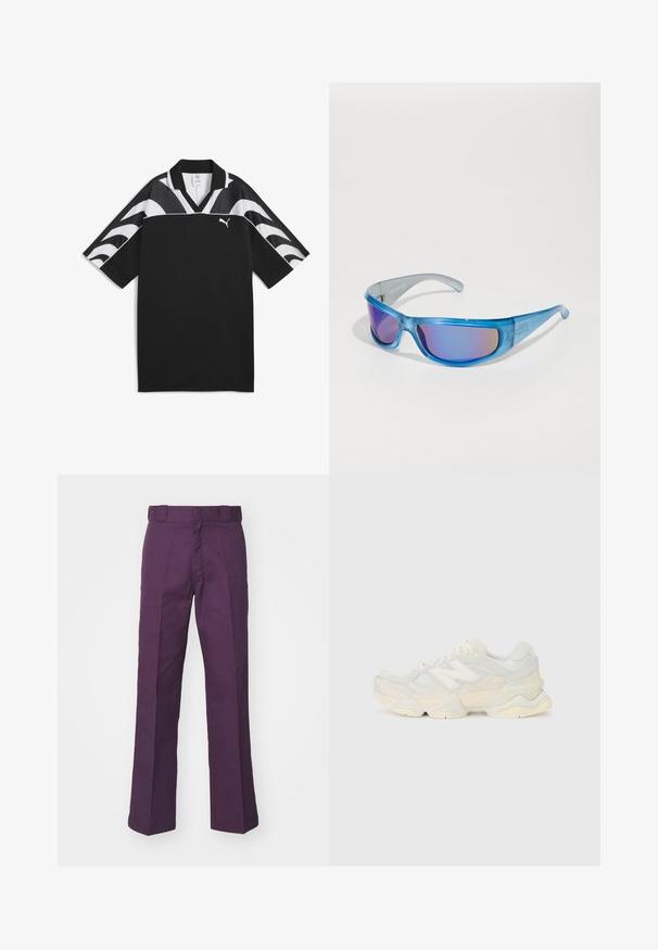 Zwart sportshirt met een V-halsontwerp, korte mouwen en witte golfpatronen op het bovenste deel. Bevat een klein wit logo aan de voorkant.; Paarse wijde broek van stevig katoen met een vlakke voorkant, riemlussen en getailleerde plooien voor een gestructureerde uitstraling.; Lichte sneaker met een bovenwerk van mesh en suede in zachte crèmekleuren, met een chunky zool en driedimensionale accenten.; Blauwe zonnebril met een doorschijnend montuur, spiegelende lenzen met een verloopkleur en een sportief ontwerp voor een veilige pasvorm tijdens activiteiten.