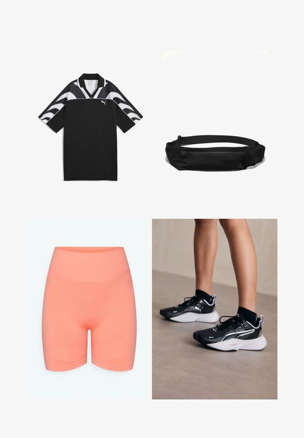 Melns sporta krekls ar V veida kakla izgriezumu, īsām piedurknēm un baltām viļņu līnijām augšējā daļā. Priekšpusē ir neliels balts logo.; Persiku krāsas, augstās sporta šortos, izgatavoti no elastīga auduma, ar gludu tekstūru un vieglām ribām pie apakšdaļas.; Melnas sporta kurpes ar baltajiem akcentiem, acs augšdaļa, auklas un amortizēta papēža daļa. Izceļas ar teksturētu zoli labākai saķerei.; Melnas auduma jostas soma ar rāvējslēdzēja kabatu, regulējamu siksnu un gludu tekstūru, kas izstrādāta komfortam un ērtībām.