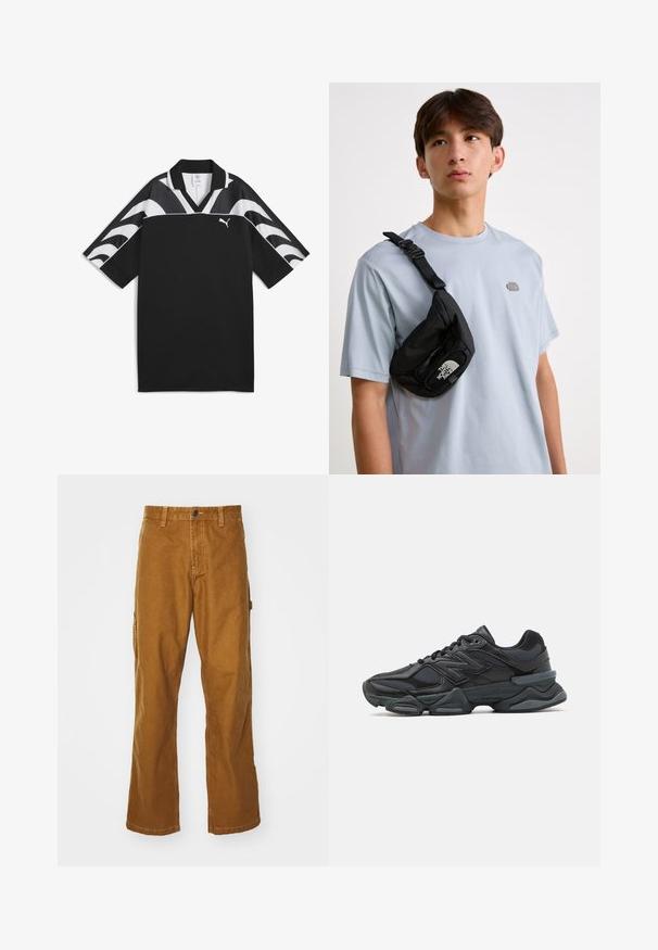 Melns sporta krekls ar V veida kakla izgriezumu, īsām piedurknēm un baltām viļņu līnijām augšējā daļā. Priekšpusē ir neliels balts logo.; Brūnas kokvilnas kravas bikses ar taisnu kājas piegriezumu, priekšējo pogu aizdari un sānu kabatām. Gluda tekstūra un izturīgs materiāls.; Melna skriešanas apavi ar jauktu acu audumu un sintētiskiem materiāliem, masīvu zoli, izliekta dizaina elementiem un izteiktu zīmola logotipu uz sāniem.; Melna neilona krūšu soma ar regulējamu siksnu, ar izteiktu baltu logo. Valkāta virs gaiši zila T-kreklu. Vienkāršs, funkcionāls dizains.