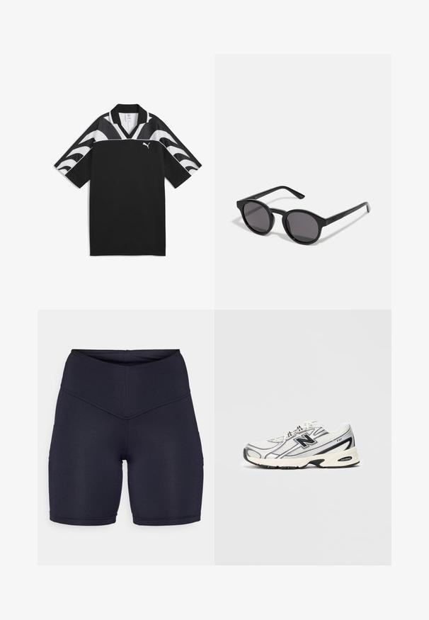 Must muströöpidega must sportlik särk, V-kaelusega, lühikeste varrukatega ja valged lainemustrid ülemises osas. Esiosas väike valge logo.; Tumedat meriinavi kõrge vöökohaga lühikesed püksid, mis on valmistatud venivast kangast. Omab siledat tekstuuri, keha jäljendavat disaini ja küljetaskuid funktsionaalsuse tagamiseks.; Valge ja hall spordijalats musta "N" logoga, võrgusilmast ülemine osa, pehmendusega tallad ja lipsudega disain, esitatud heledal hallil taustal.; Mustad mustad prillid ümmarguse, veidi lainelise raami, tumedate läätsede ja sirgete mustade kätega. Sile, läikiv viimistlus ilma nähtavate mustriteta.