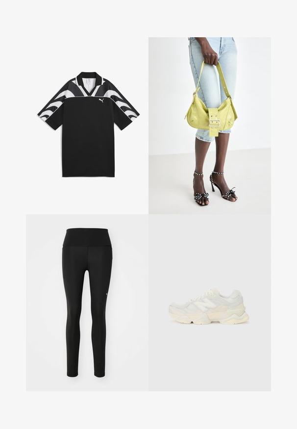 Schwarzes Sporttrikot mit V-Ausschnitt, kurzen Ärmeln und weißen Wellenmustern im oberen Bereich. Verfügt über ein kleines weißes Logo auf der Vorderseite.; Schwarze Leggings aus dehnbarem Material, mit einem hohen Bund, schmaler Passform und einem kleinen Logo auf dem linken Oberschenkel.; Leichte Sneaker mit einem Obermaterial aus Mesh und Wildleder in sanften Cremetönen, einer dicken Sohle und dreidimensionalen Akzenten.; Gelbe perforierte Handtasche mit einer Schnallendetail und verstellbarem Träger, kombiniert mit Jeansshorts und schwarzen High-Heelsandalen mit Schleifen.