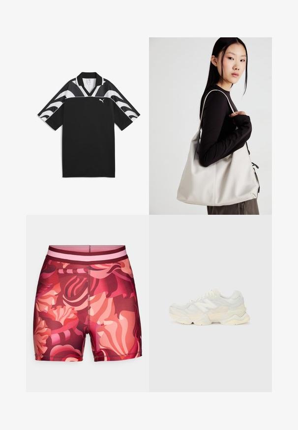 Čierny športový dres s výstrihom do V, krátkymi rukávmi a bielymi vlnitými vzormi na hornej časti. Na prednej strane sa nachádza malé biele logo.; Plavky s kvetinovým vzorom v odtieňoch červenej a ružovej, s kombinovaným dizajnom a mäkkým pásom a plochými švami pre pohodlie.; Ľahká teniska s vrchom z nylonovej sieťoviny a zamatovej kože v jemných krémových odtieňoch, so robustnou podrážkou a trojrozmernými akcentmi.; Béžová kabelka vyrobená z mäkkého materiálu, s uvoľneným dizajnom, prišitými detailmi a dvoma popruhmi na nosenie na pleciach. Vhodná na každodenné nosenie.