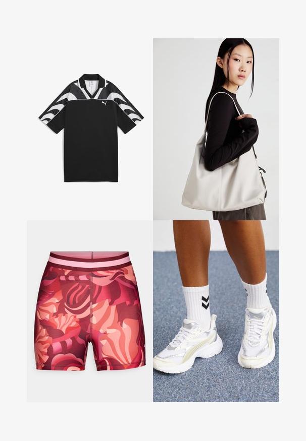Čierny športový dres s výstrihom do V, krátkymi rukávmi a bielymi vlnitými vzormi na hornej časti. Na prednej strane sa nachádza malé biele logo.; Plavky s kvetinovým vzorom v odtieňoch červenej a ružovej, s kombinovaným dizajnom a mäkkým pásom a plochými švami pre pohodlie.; Biele tenisky so striebornými akcentmi, z sieťovinového materiálu a s robustným dizajnom. V kombinácii s bielymi ponožkami s čiernymi chevron vzormi.; Béžová kabelka vyrobená z mäkkého materiálu, s uvoľneným dizajnom, prišitými detailmi a dvoma popruhmi na nosenie na pleciach. Vhodná na každodenné nosenie.