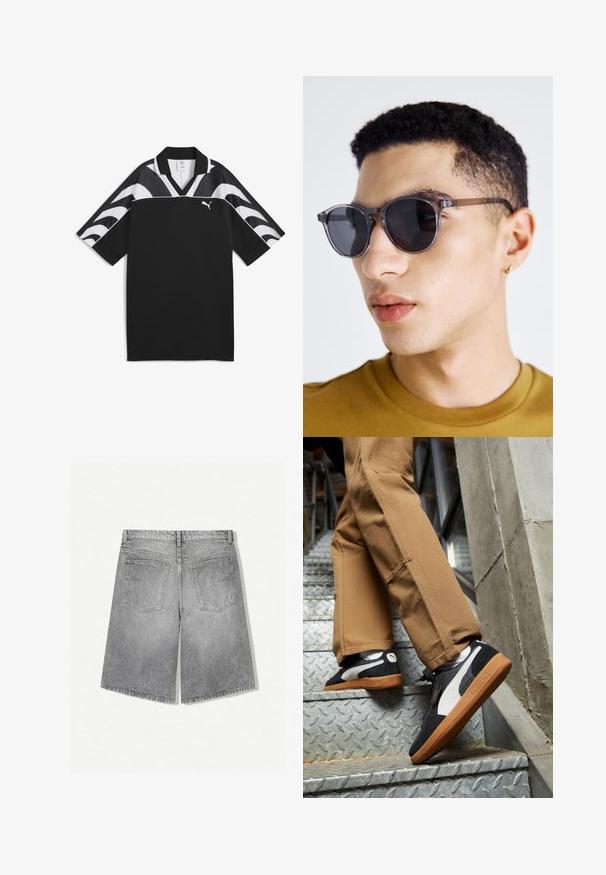 Mustapohjainen urheilu paita, jossa on V-kaula-aukko, lyhyet hihat ja valkoisia aalto kuvioita yläosassa. Etupuolella on pieni valkoinen logo.; Harmaat farkku shortsit, polven pituus, rento malli. Sisältää kaksi takataskua, näkyvää ommelta ja hieman rispaantuneen helman.; Mustat ja harmaat mokkasaappaat valkoisilla yksityiskohdilla ja kumipohjilla, puettuna vaaleanruskeisiin housuihin metallisia portaita noustessa.; Harmaat pyöreät aurinkolasit, joissa on läpinäkyvä kehys, tummat linssit ja ohuet, sirot varret. Päällä henkilö, jolla on lyhyet kiharat hiukset.