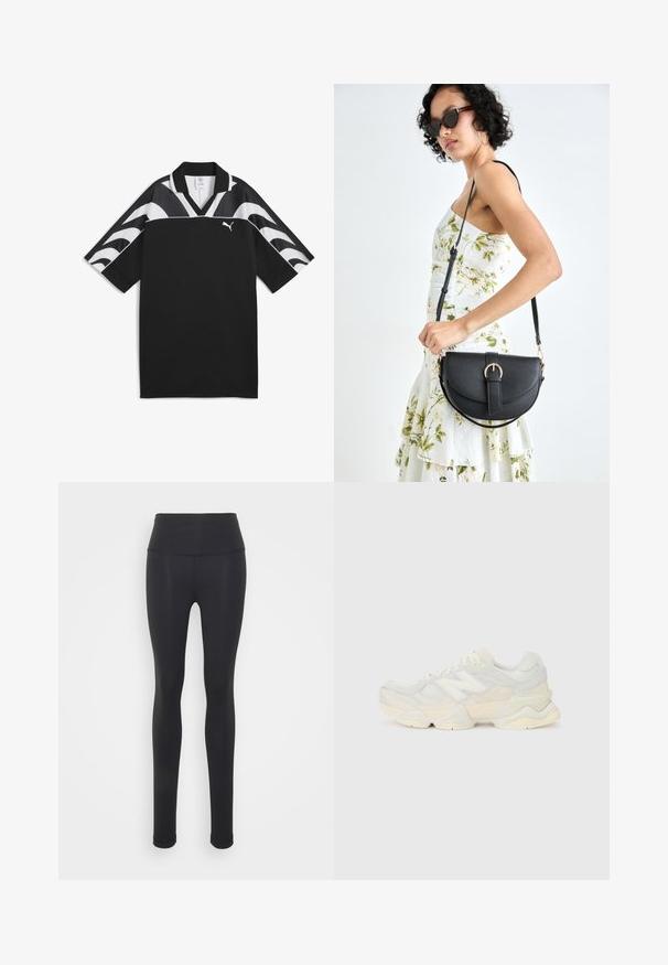 Czarna koszulka sportowa z dekoltem w serek, krótkimi rękawami i białymi falistymi wzorami w górnej części. Posiada małe białe logo z przodu.; Czarne legginsy wykonane z elastycznego materiału, z wysokim stanem, wyróżniające się gładką teksturą i dopasowanym krojem. Brak widocznych wzorów lub elementów metalowych.; Lekki sneakers z siateczkową i zamszową cholewką w delikatnych kremowych odcieniach, z masywną podeszwą i trójwymiarowymi akcentami.; Czarna skórzana torebka o zakrzywionym kształcie, z odpinanym paskiem i złotymi akcentami. Torebka posiada klapę z zapięciem w kształcie klamry.
