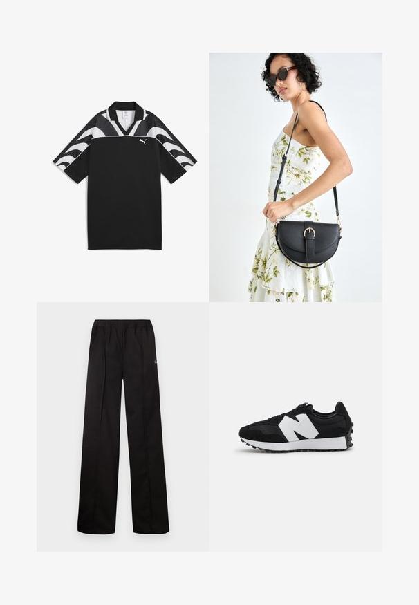 Zwart sportshirt met een V-halsontwerp, korte mouwen en witte golfpatronen op het bovenste deel. Bevat een klein wit logo aan de voorkant.; Zwarte, wijde broek met een elastische tailleband. Gemaakt van zachte materialen met minimale details, voorzien van een klein logo aan de zijkant.; Zwarte suède en mesh sneaker met een wit logo en accenten. Stevige rubberen zool met textuur voor grip. Klassiek sportief ontwerp.; Zwarte leren handtas met een gebogen vorm, afneembare schouderband en gouden hardware. De tas heeft een klep met een gespsluiting.