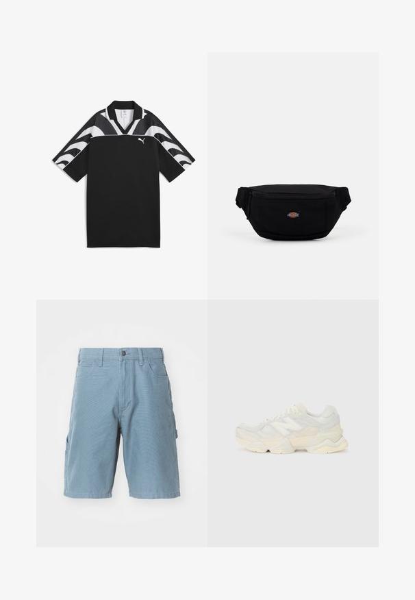 Must muströöpidega must sportlik särk, V-kaelusega, lühikeste varrukatega ja valged lainemustrid ülemises osas. Esiosas väike valge logo.; Sinine puuvillane cargo lühikesed püksid sirge lõikega, mis sisaldavad ees- ja küljetaskut, nööbiga kinnitust ning tekstuurset kangast.; Kerge tenniseking, mille pealis on valmistatud võrgust ja seemisnahast pehmes kreemitoonis, koos paksu tallaga ja kolmemõõtmeliste aktsentidega.; Mustru mustriga vöökott, millel on luku sulgemine ja väike bränditud logo ees. Kompaktne, ümardatud disain, millel on reguleeritavad rihmad.
