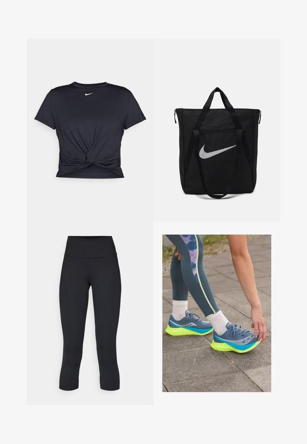 Schwarzes Sport-T-Shirt aus glattem Stoff, mit einem geknoteten Vorderdesign und einem kleinen weißen Nike-Logo auf der Brust.; Schwarze, cropped Leggings aus dehnbarem Material, mit einem hohen Bund und glatter Textur, ohne sichtbare Muster oder Hardware.; Saucony ENDORPHIN PRO 4 - Laufschuh Straße - mirage/citron; Schwarze Nylon-Tragetasche mit zwei stabilen Griffen und Reißverschluss. Enthält ein auffälliges weißes Nike-Swoosh-Logo in einem horizontalen Streifendesign.