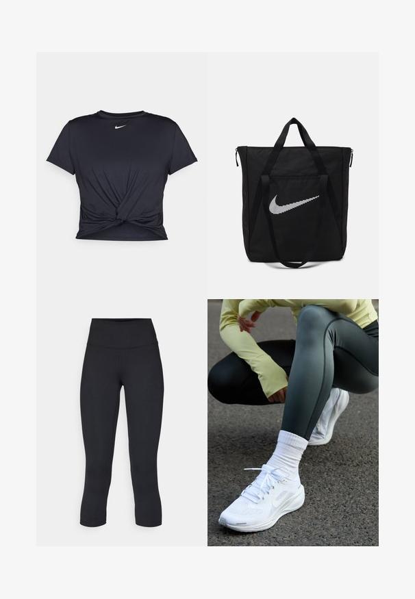 T-shirt de sport noir en tissu lisse, avec un design avant noué et un petit logo Nike blanc sur la poitrine.; Leggings noirs coupés en tissu extensible, avec une taille haute et une texture lisse, sans motifs ni éléments visibles.; Des chaussures de sport blanches avec une tige en mesh, des lacets plats et une semelle rembourrée, associées à des leggings vert foncé et un haut à manches longues jaune clair.; Sac en nylon noir avec deux poignées robustes et fermeture éclair. Présente un logo Swoosh blanc Nike en design rayé horizontal.
