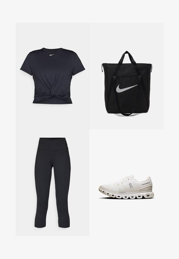Black athletic t-shirt made of smooth fabric, featuring a knotted front design and a small white Nike logo on the chest.; Black cropped leggings made of stretchy fabric, featuring a high waistband and smooth texture, with no visible patterns or hardware.; White athletic shoe with a mesh upper, flat laces, and a distinctive sole featuring segmented cushioning and subtle grey accents.; Black nylon tote bag with two sturdy handles and zip closure. Features a prominent white Nike swoosh logo in a horizontal striped design.