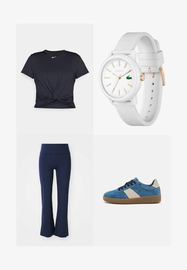 Schwarzes Sport-T-Shirt aus glattem Stoff, mit einem geknoteten Vorderdesign und einem kleinen weißen Nike-Logo auf der Brust.; Marineblaue Schlaghose aus dehnbarem Stoff mit weitem Bund. Glatte Textur und keine sichtbaren Muster oder Metallteile.; Blaue Wildleder-Sneaker mit beigem Lederakzent, dunklen Schnürsenkeln und einer strukturierten Gummisohle; niedriges Profil mit runder Zehenpartie.; Weißer Silikonarmband mit strukturiertem Band, runder Uhrfläche, goldenen Markierungen und einem grünen Lacoste-Logo.