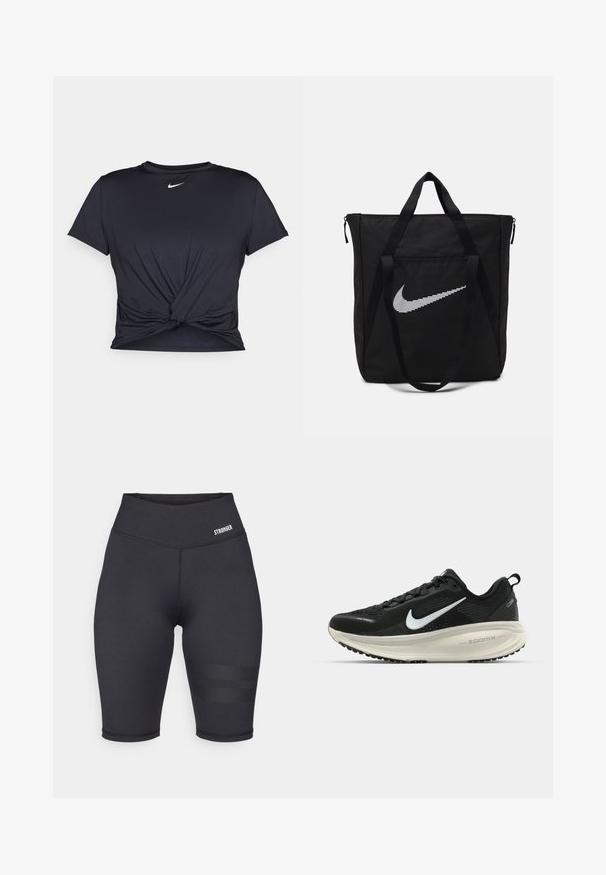 Juodas sportinis marškinėlis, pagamintas iš lygios medžiagos, su surišta priekiu ir mažu baltu Nike logotipu ant krūtinės.; Juodos aukšto juosmens sportinės šortai su lygia tekstūra, turintys elastingą juosmenį ir šoninius juosteles. Logotipo dizainas ant juosmens.; Juodas Nike sportinis batelis su kvėpuojančiu tinklu, baltu swoosh logotipu, tekstūruoto dizaino detalėmis ir grietinėlės spalvos ZoomX viduriu.; Juodas nailoninis maišas su dviem tvirtais rankenėlėmis ir užtrauktuku. Pasižymi ryškiu baltu Nike swoosh logo, esamu horizontaliai juostelėse.
