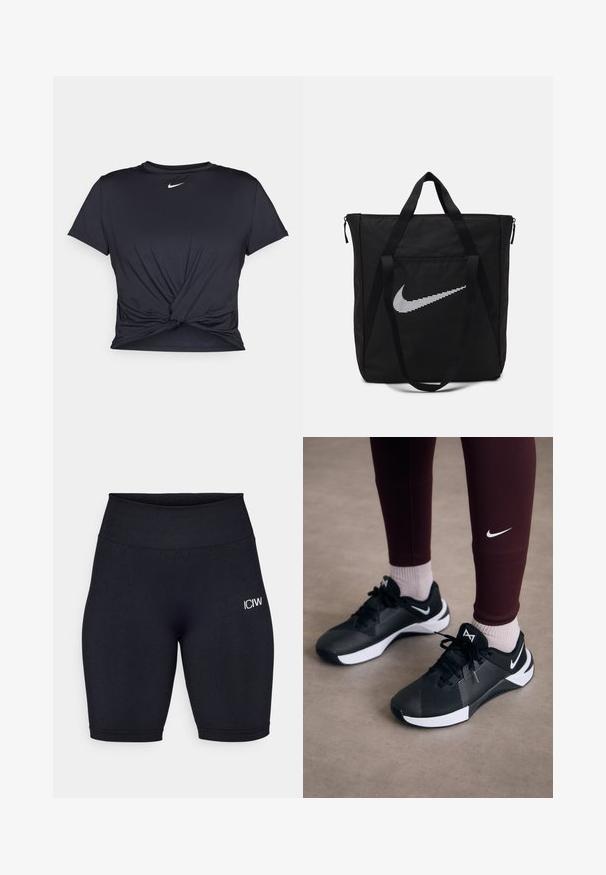 T-shirt atlético preto feito de tecido liso, apresentando um design frontal com nó e um pequeno logótipo branco da Nike no peito.; Calções de ciclismo pretos feitos de tecido elástico com uma cintura alta. Apresenta um pequeno logótipo branco na coxa esquerda e uma textura suave.; Ténis atléticos pretos com um upper texturizado e detalhes brancos, apresentando atacadores e um logo lateral. Usados com leggings cor-de-vinho e meias claras.; Saco tote preto em nylon com duas alças resistentes e fecho com zíper. Apresenta um destacado logo branco da Nike em um design de listras horizontais.