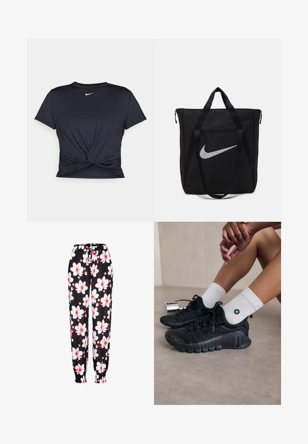 Zwarte sportieve T-shirt van gladde stof, met een geknoopt ontwerp aan de voorkant en een klein wit Nike-logo op de borst.; Zwarte stoffen broek met een witte en rode bloemenprint, elastische tailleband met trekkoord en geraffineerde manchetten. Lichtgewicht materiaal.; Zwarte sport schoenen van een gestructureerde stof, met vetersluiting en een opvallende zool, gecombineerd met witte geribbelde sokken met een klein logo.; Zwarte nylon tas met twee stevige handvatten en ritsluiting. Bevat een opvallend wit Nike swoosh-logo in een horizontaal gestreept design.