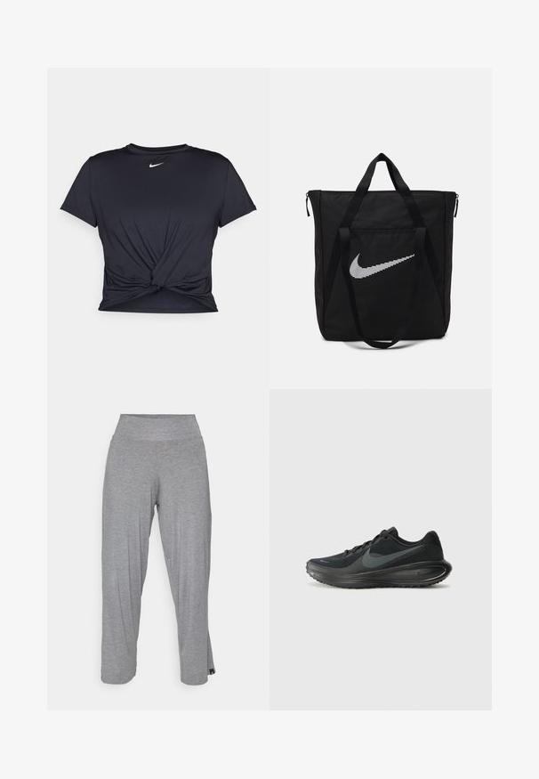 Schwarzes Sport-T-Shirt aus glattem Stoff, mit einem geknoteten Vorderdesign und einem kleinen weißen Nike-Logo auf der Brust.; Yogasearcher RAVANA FLOWY PANTS - Jogginghose - grey; Schwarzer Nike-Laufschuh mit einem strukturierten Mesh-Obermaterial, einer glatten Gummisohle und einem abgerundeten Fersendesign. Merkmale ein charakteristisches Swoosh-Logo.; Schwarze Nylon-Tragetasche mit zwei stabilen Griffen und Reißverschluss. Enthält ein auffälliges weißes Nike-Swoosh-Logo in einem horizontalen Streifendesign.