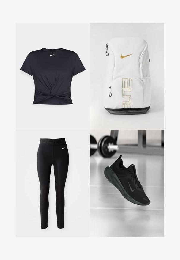 Crni trenirac s kratkim rukavima izrađen od glatkog materijala, s čvorastim dizajnom sprijeda i malim bijelim Nike logotipom na prsima.; Crne atletske tajice s širokim pojasom na kojem je natpis "PRO", glatke teksture i rebrastim naglascima sa strane za dodatne detalje.; Crna sportska tenisica s Nike logotipom, prikazana u zraku na podu teretane, s mutnom stalcem za bučice u pozadini.; Bijela Nike ruksak s zlatnim logotipom i natpisom "ELITE", zatvaračima na zip, mrežastim bočnim džepovima i crnim donjim dijelom. Glatka tekstura.