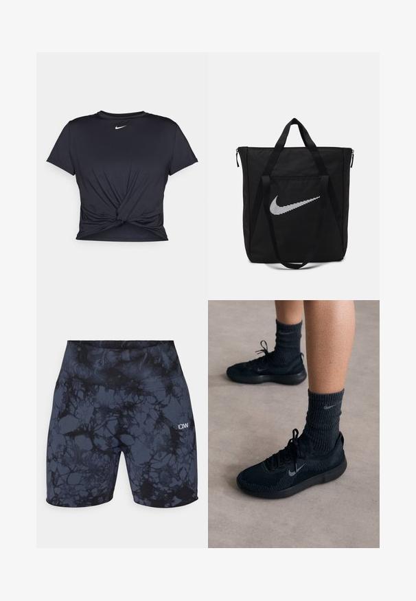 Schwarzes Sport-T-Shirt aus glattem Stoff, mit einem geknoteten Vorderdesign und einem kleinen weißen Nike-Logo auf der Brust.; Hochtaillierte Sportshorts in Schwarz und Dunkelgrau mit einem marmorierten Muster. Hergestellt aus dehnbarem, glattem Stoff mit einem kleinen Logo.; Schwarze Nike-Sneaker mit einem strukturierten Strickobermaterial, ausgestattet mit einem grauen Swoosh-Logo, kombiniert mit dunklen gerippten Socken. Flache Gummisohle.; Schwarze Nylon-Tragetasche mit zwei stabilen Griffen und Reißverschluss. Enthält ein auffälliges weißes Nike-Swoosh-Logo in einem horizontalen Streifendesign.