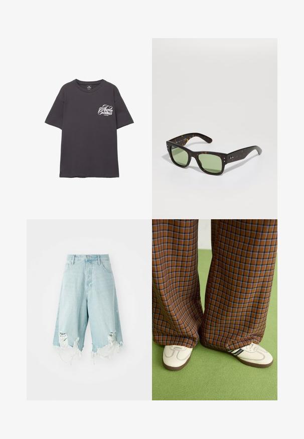 Tricou din bumbac gri, cu mâneci scurte, gât rotund și text alb imprimat pe partea stângă a pieptului. Textură moale și croială lejeră.; Bermude din denim de culoare albastru deschis, cu talie înaltă, cu zone distorsionate și margini desfăcute. Proiectate cu cinci buzunare și un închizător clasic cu buton.; Pantaloni largi cu carouri maro și albastru, asociați cu pantofi albi cu accente negre și tălpi texturate, împotriva unui fundal verde.; Ochelari de soare tortoiseshell maro cu lentile verzi, formă pătrată și accente metalice. Prezintă logo pe tâmpla stângă. Finisaj mat.