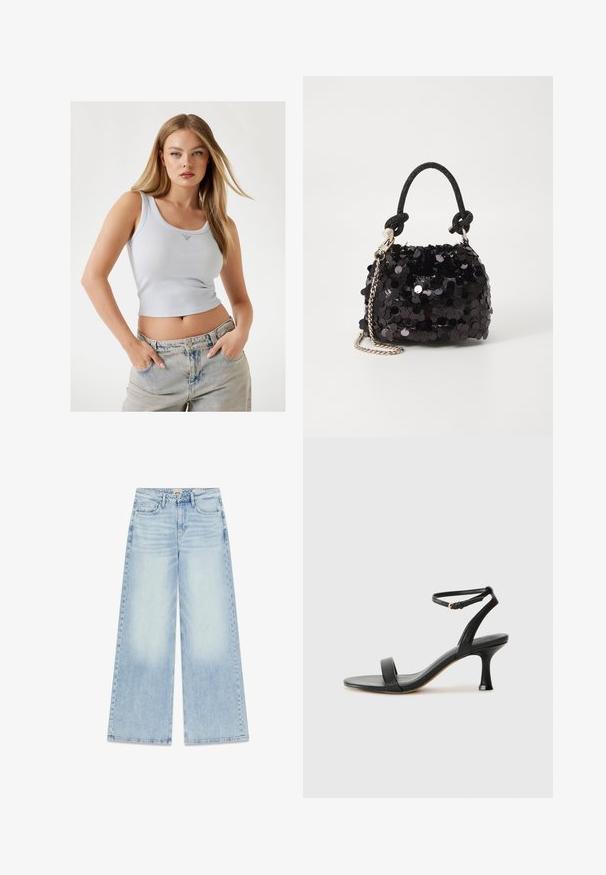 Jasnoniebieski, prążkowany top na ramiączkach z okrągłym dekoltem i delikatnym akcentem w kształcie litery V. Połączony z wysokimi spodniami dżinsowymi w jasnym kolorze.; Jasnoniebieskie jeansy o szerokich nogawkach z wysokim stanem. Posiadają pięć kieszeni, przeszycia dekoracyjne oraz efekt spranego materiału.; Czarne skórzane sandały na obcasie z paskiem na kostce, charakteryzujące się eleganckim designem, otwartym noskiem i zwężanym obcasem, co nadaje smukły kształt.; Czarna mini torebka z cekinami, z węzłowym, teksturowanym paskiem i srebrnym łańcuchem. O zaokrąglonym kształcie z marszczoną górą i refleksyjnymi detalami.