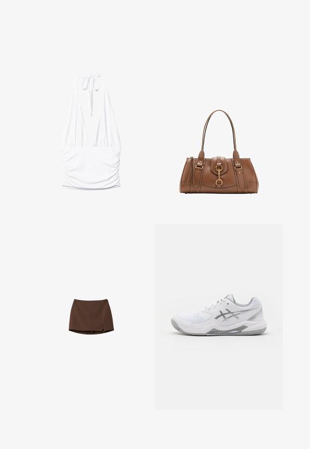 Stradivarius GATHERED HALTER - Top - white; Brauner Rock aus glattem Stoff, mit geradem Schnitt und einem seitlichen Schlitz. Einfaches Design ohne Muster oder Hardware-Details.; Der weiße Sportschuh verfügt über ein Obermaterial aus Mesh, silberne Akzente, strukturierte synthetische Überzüge und eine Gummisohle mit einem Zickzack-Muster.; Braune Lederhandtasche mit doppelten Griffen, goldenen Hardware-Akzenten und strukturiertem Design. Verfügt über eine zentrale Klappe mit einem Schlaufen-Detail.