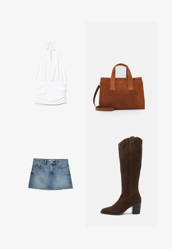 Stradivarius GATHERED HALTER - Linne - white; Denimkjol i ljusblått, har fem fickor, knäppning med knapp och en något utställd nederkant, med en sliten yta och blekta detaljer.; Anna Field LEATHER - Högklackad stövel - brown; Brun mockaskinnväska med två handtag på toppen och ett justerbart axelband. Har en strukturerad form och minimalistisk design.