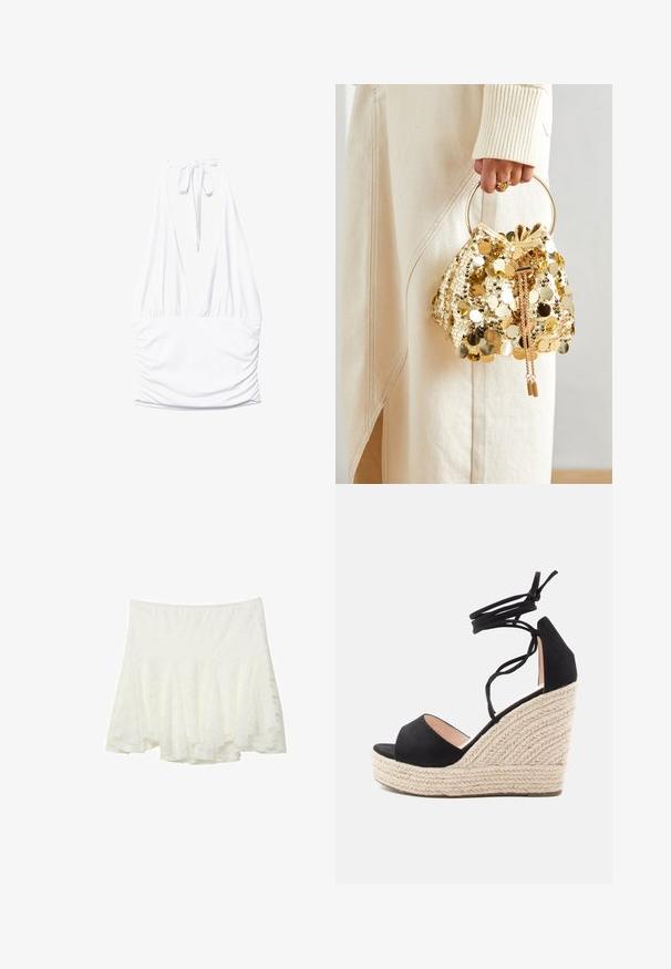 Stradivarius GATHERED HALTER - Top - white; Stradivarius FITTING - Áčková sukně - white; Černé semišové wedge sandály s pletenou jute platformou, vybavené kříženými popruhy kolem kotníku a otevřenou špičkou.; Zlatá taška se šňůrkou a kruhovou rukojetí, pokrytá lesklými kulatými flitry a texturovanou tkaninou. Rozměry nejsou uvedeny.