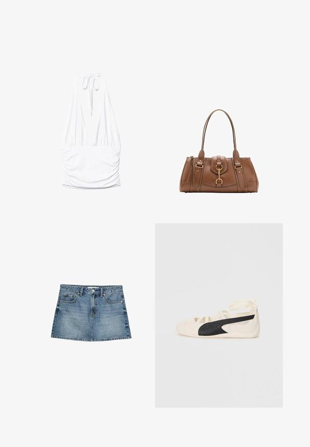 Stradivarius GATHERED HALTER - Top - white; Džínová sukňa vo svetlom odtieni modrej, s piatimi vreckami, zapínaním na gombík a mierne rozšíreným lemom, so vzhľadom opotrebenia a detailmi vyblednutia.; Krémové a čierne ploché tenisky s viazaním, s ružovým logom na špičke, vyrobené z mäkkého materiálu a s textúrovanou podrážkou.; Hnedá kožená kabelka s dvojitými uchami, zlatými kovovými akcentmi a pevnou konštrukciou. Obsahuje centrálne klapku s detailom vo forme slučky.