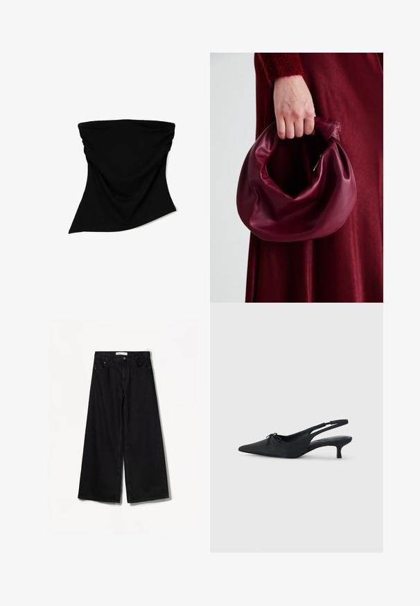 Czarny materiałowy kominiarka o gładkiej teksturze, płynnej formie i asymetrycznym kroju. Odpowiednia do różnych zastosowań i łatwa do noszenia.; Bershka WIDE czarny; Czarne czółenka na obcasie z odkrytą piętą, o spiczastym nosku, z teksturowanej tkaniny, z małym detalem w postaci kokardki z przodu oraz skromnym obcasem typu kitten.; Bordowa skórzana torebka o miękkim, marszczonym wyglądzie i zaokrąglonym kształcie. Uchwyt jest zabezpieczony, co podkreśla gładką fakturę.