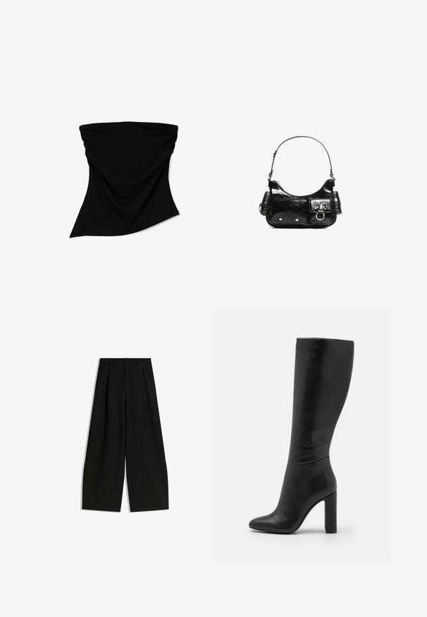 Czarny materiałowy kominiarka o gładkiej teksturze, płynnej formie i asymetrycznym kroju. Odpowiednia do różnych zastosowań i łatwa do noszenia.; Czarne spodnie szerokie z gładkiego materiału, z wysokim stanem, plisami z przodu i bez widocznych ozdób czy wzorów.; Skórzana botka do kolan w kolorze czarnym, z ostrodębym czubkiem i wysokim słupkowym obcasem. Gładka powierzchnia, minimalistyczny design i brak widocznych elementów metalowych.; Czarna torebka z lakierowanej skóry o zaokrąglonym kształcie, z jednym paskiem na ramię, przednimi kieszeniami i akcentami w kolorze srebrnym.