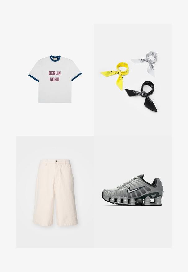 Balta marškinėliai su mėlynu apykaklės ir rankovių kraštų audiniu. Yra ryškių spausdintų žodžių "BERLYNAS" ir "SOHO" tamsiai rožine spalva.; Šviesiai béžinės medvilninės šortai su tiesia tinkama, turintys mygtuko užsegimą, šonines kišenes ir hemą, kuris užsibaigia šiek tiek virš kelių.; Pilkai juodas Nike bėgimo batas su matomu pavasario tipo amortizacija po padu ir baltu swoosh logotipu šone.; Trys bandanos: vienas geltonas su juodais raštais, vienas baltas su juodais piešiniais ir vienas juodas su baltais grafikos elementais. Visi kvadratiniai, lengvos medžiagos.; Balta perlų karoliai su sidabriniu užsegimu, kuriame yra prekės ženklas. Kiekvienas perlas yra lygus ir apvalus, surinktas vienodai.