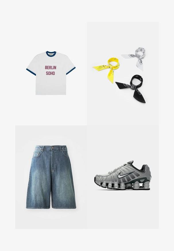Weißes T-Shirt mit einem blauen gerippten Ausschnitt und Ärmelrändern. Enthält fett gedruckten Text "BERLIN" und "SOHO" in einem tiefen Pink.; Denim-Shorts in einem mittleren Blauton, mit hoher Taille, fünf Taschen und geradem Schnitt. Auffällige Abnutzungsspuren vorne.; Grauer und schwarzer Nike-Laufschuh mit sichtbarer federähnlicher Dämpfung unter der Sohle und einem weißen Swoosh-Logo an der Seite.; Drei Bandanas: eine gelbe mit schwarzen Mustern, eine weiße mit schwarzen Designs und eine schwarze mit weißen Grafiken. Alle sind quadratisch und aus leichtem Stoff.