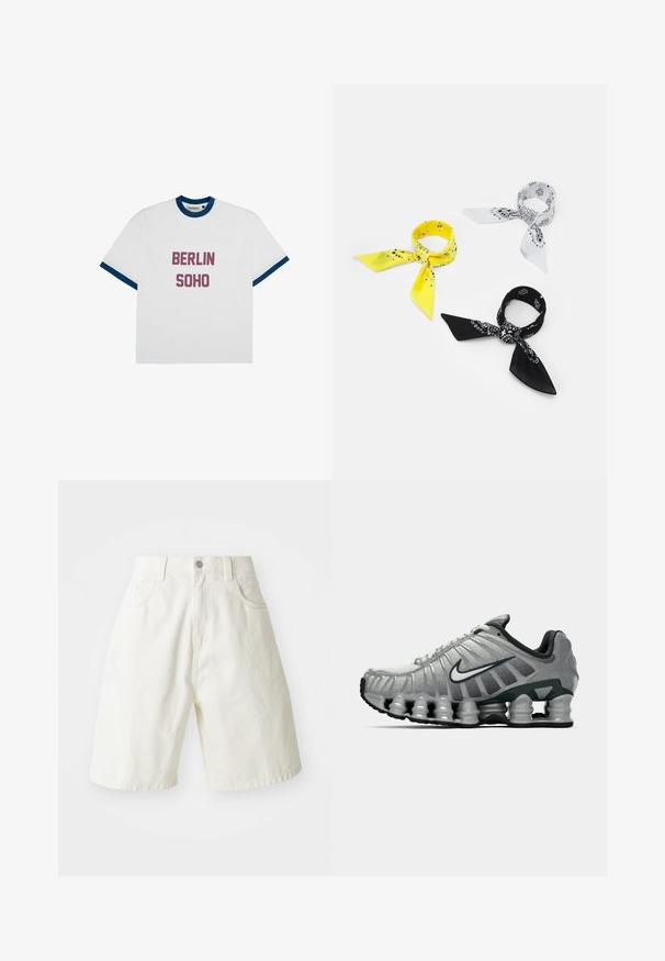 Tricou alb cu guler și margini la mâneci ribbate de culoare albastră. Prezintă text imprimat în culori îndrăznețe, "BERLIN" și "SOHO", de culoare roz închis.; Shorts din denim alb cu o croială lejeră, cu un brâu, cinci buzunare și picioare drepte. Materialul are o ușoară textură.; Adidas de alergare gri și negru, cu amortizare vizibilă sub talpă, asemănătoare unui arc, și un logo swoosh alb pe lateral.; Trei batiste: una galbenă cu motive negre, una albă cu desene negre și una neagră cu grafică albă. Toate sunt pătrate, dintr-un material ușor.; Colier din perle albe, cu un închizător din argint, care poartă numele brandului. Fiecare perlă este netedă și rotundă, asamblată într-o secvență uniformă.