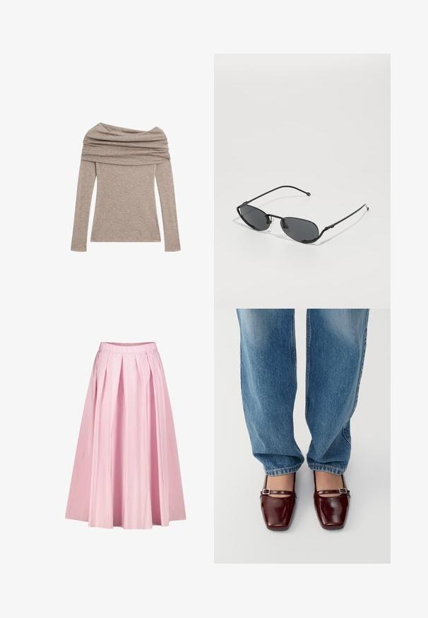 Långärmad, off-shoulder topp i en ljus taupe-färg. Tillverkad av mjukt tyg med drapera halsringning och åtsittande ärmar.; Rosa plisserad midijurk med en lös silhuett, tillverkad av lättviktig tyg, med ett midjeband och en dold dragkedja bak.; Burgundy lackskor med fyrkantig tå och ankelsnodd, som bärs med ljusblå löst sittande jeans. Skorna har en glansig yta.; Svarta solglasögon med smala ovala linser, tunna metallbågar och justerbara nässlipsar. Har en elegant, minimalistisk design.