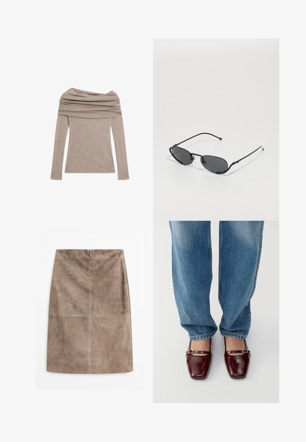 Langärmliges, schulterfreies Oberteil in einem hellen Taupe-Ton. Hergestellt aus weichem Stoff mit einem drapierten Ausschnitt und figurbetonten Ärmeln.; Wildleder-Bleistiftrock in gedämpftem Taupe, mit glatter Textur, Reißverschluss hinten und mittleren Nahtdetails für zusätzlichen Akzent.; Burgunderfarbene Lacklederschuhe mit quadratischer Zehenform und Knöchelriemen, kombiniert mit hellblauen, locker sitzenden Jeans. Die Schuhe haben eine glänzende Oberfläche.; Schwarze Sonnenbrille mit schmalen ovalen Gläsern, dünnen Metallrahmen und verstellbaren Nasenpads. Verfügt über ein elegantes, minimalistisches Design.