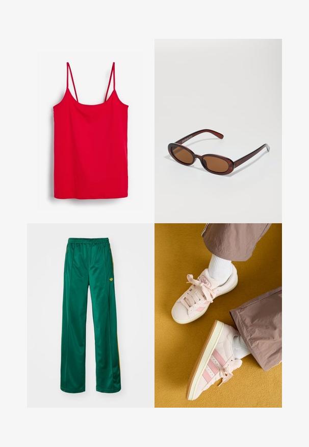 Červený tílko vyrobené z hladkej látky, s tenkými nastaviteľnými ramienkami a rovnými okrajmi. Bez ďalších vzorov alebo detailov.; Zelené saténové športové nohavice s voľným strihom, s žltými pruhmi a vyšitým logom na ľavej strane. Elastický pás.; Ružové semišové tenisky s ladícími pruhmi, biele šnúrky a krémová podrážka. V páre s bielymi ponožkami a voľnými hnedými nohavicami na žltom pozadí.; Okrúhle slnečné okuliare s hnedým nádychom a lesklým burgundským rámom. Úzke ramená s jemným brandovaním. Plochej šošovky dizajn.
