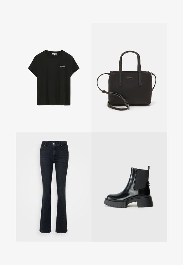 Czarna bawełniana koszulka z okrągłym dekoltem i krótkimi rękawami. Na lewej piersi znajduje się białe logo "PATRIZIA PEPE". Gładka tekstura.; Czarne dżinsy dzwonowate, wykonane z denimu, z wysokim stanem, pięcioma kieszeniami i metalowym zapięciem. Gładka faktura, minimalne blaknięcie.; Czarne botki za kostkę z błyszczącej skóry, z elastycznymi panelami bocznymi, pętelką do zakładania i masywną gumową podeszwą z teksturowanym wzorem bieżnika.; Czarna torebka z dwoma krótkimi uchwytami i odpinanym paskiem na ramię. Gładki materiał przypominający skórę, z zamkiem błyskawicznym i detalem z logo.