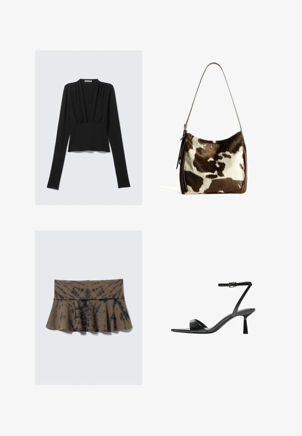 Haut court à manches longues noir avec un décolleté en V profond et de légères fronces sous l'encolure, disposé à plat sur un fond clair.; Jupe évasée marron tie-dye avec taille ajustée, présentant des accents noirs dans un motif tourbillonnant. Fabriquée en tissu doux et extensible.; Bershka Sandales à talons hauts - black; Sac à épaule en cuir de vachette brun et crème avec une sangle en cuir lisse, fermeture zippée et une surface douce et texturée présentant un motif naturel.