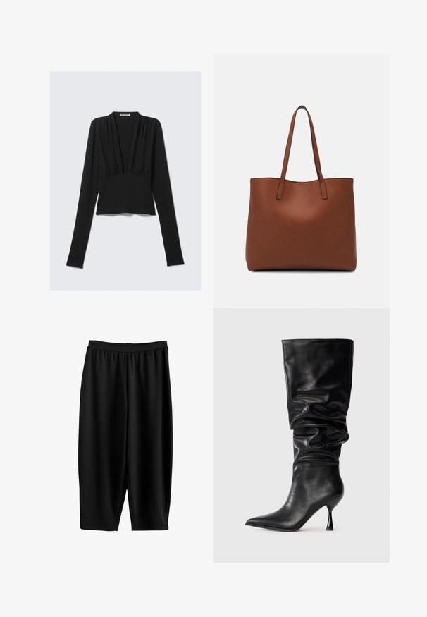 Haut court à manches longues noir avec un décolleté en V profond et de légères fronces sous l'encolure, disposé à plat sur un fond clair.; Pantalon noir longueur genou en matériau élastique avec une large ceinture et une texture lisse. Présente une coupe ample et décontractée.; Botte noire en cuir, hauteur genou, avec un design ample, bout pointu et talon aiguille fin, présentant une texture lisse et des accents minimaux.; Sac fourre-tout en cuir marron avec une texture lisse, design à ouverture supérieure et deux poignées pour le porter à l'épaule. Présente des coutures minimales et aucun matériel visible.