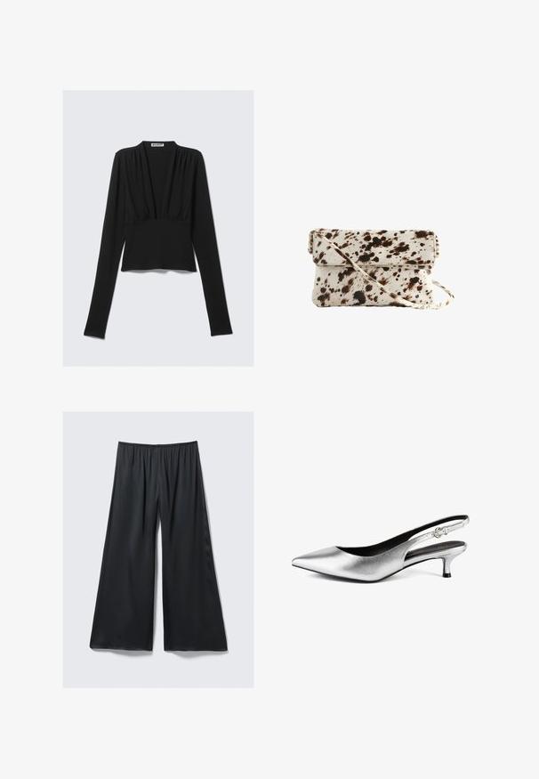 Top corto a maniche lunghe nero con scollatura a V profonda e leggere arricciature sotto il collo, disposto su uno sfondo chiaro.; Pantaloni neri a gamba larga realizzati in tessuto leggero con vita elastica e una texture liscia e leggermente lucida. Presentano una vestibilità rilassata.; Décolleté argentato metallizzato con punta affusolata, tacco kitten basso e texture liscia. Presenta una cintura stretta con dettaglio di piccola fibbia.; Borsa in pelle di mucca con base crema e macchie marroni scure, forma rettangolare, patta pieghevole e tracolla rimovibile.