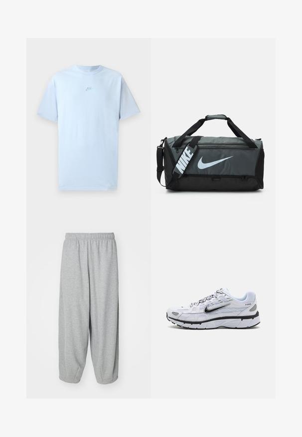 Debeszila kokvilnas T-krekls ar īsām piedurknēm, apaļu kaklu un izšūtām Nike logotipu nedaudz tumšākā zilā krāsā uz krūtīm.; Gaiši pelēkas, brīvi pieguļošas sporta bikses no mīksta auduma. Elastīga josta un aproces pie potītēm. Vienkāršs un neizrotāts dizains.; Baltie skriešanas apavi ar sietu augšdaļu, noapaļota purna daļa, melni akcenti un rakstains zole. Iekļauj mežģīņu sistēmu un zīmolu uz sāniem.; Nike sporta soma ar tumši pelēku un melnu dizainu, uz kuras ir liels balts logotips, divas rokturi un regulējams plecu siksna.